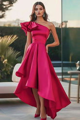 Fuchsia Eine Schulter High-Low Satin Ballkleid in A-Linie